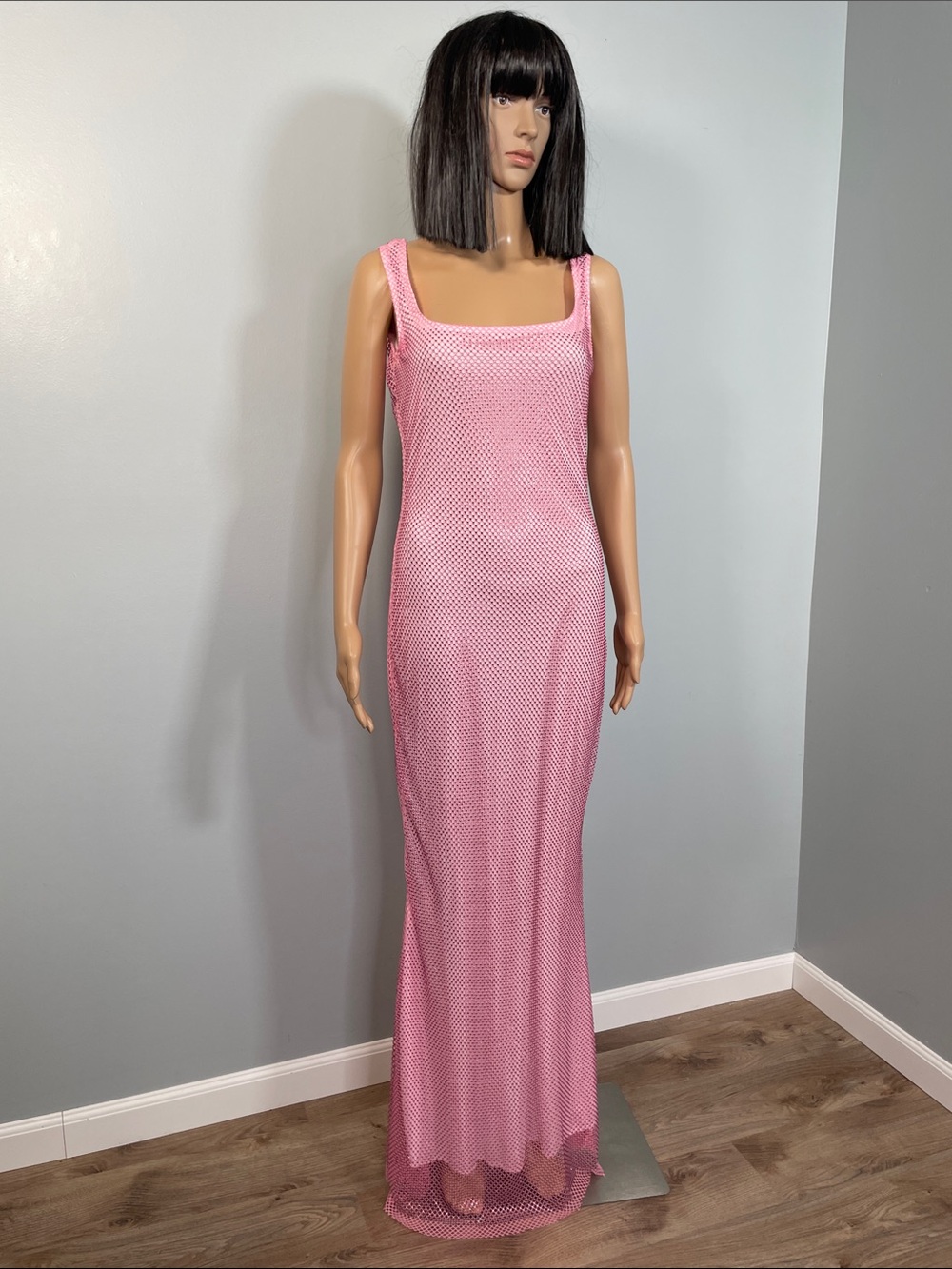 Sleeveless Pink Mesh Rhinestone Maxi Dress with Square Neck